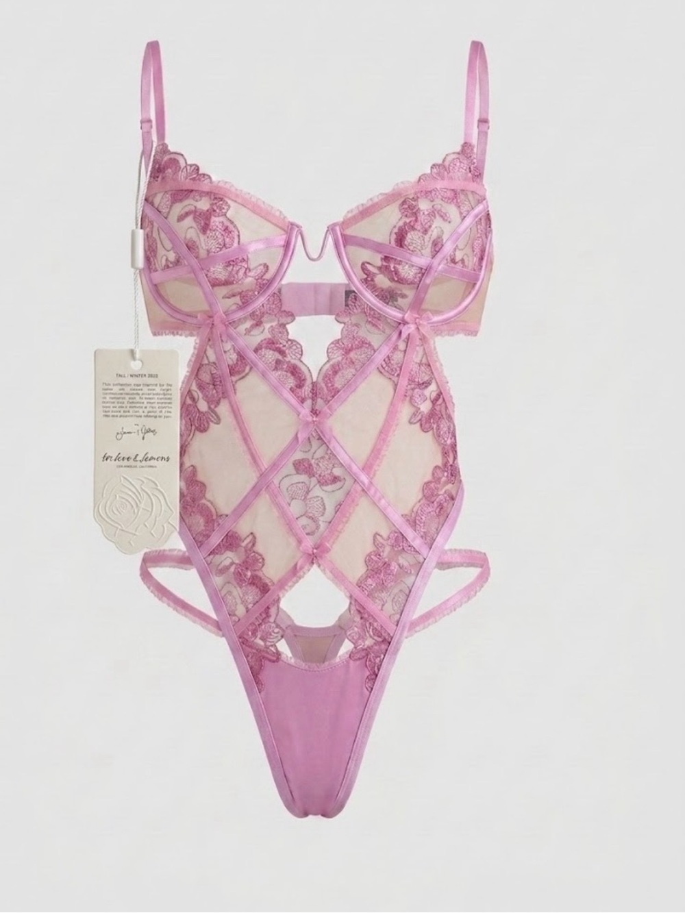 NWT For Love & Lemons Sheer Pink Metallic Floral Embroidery Bodysuit 
Medium